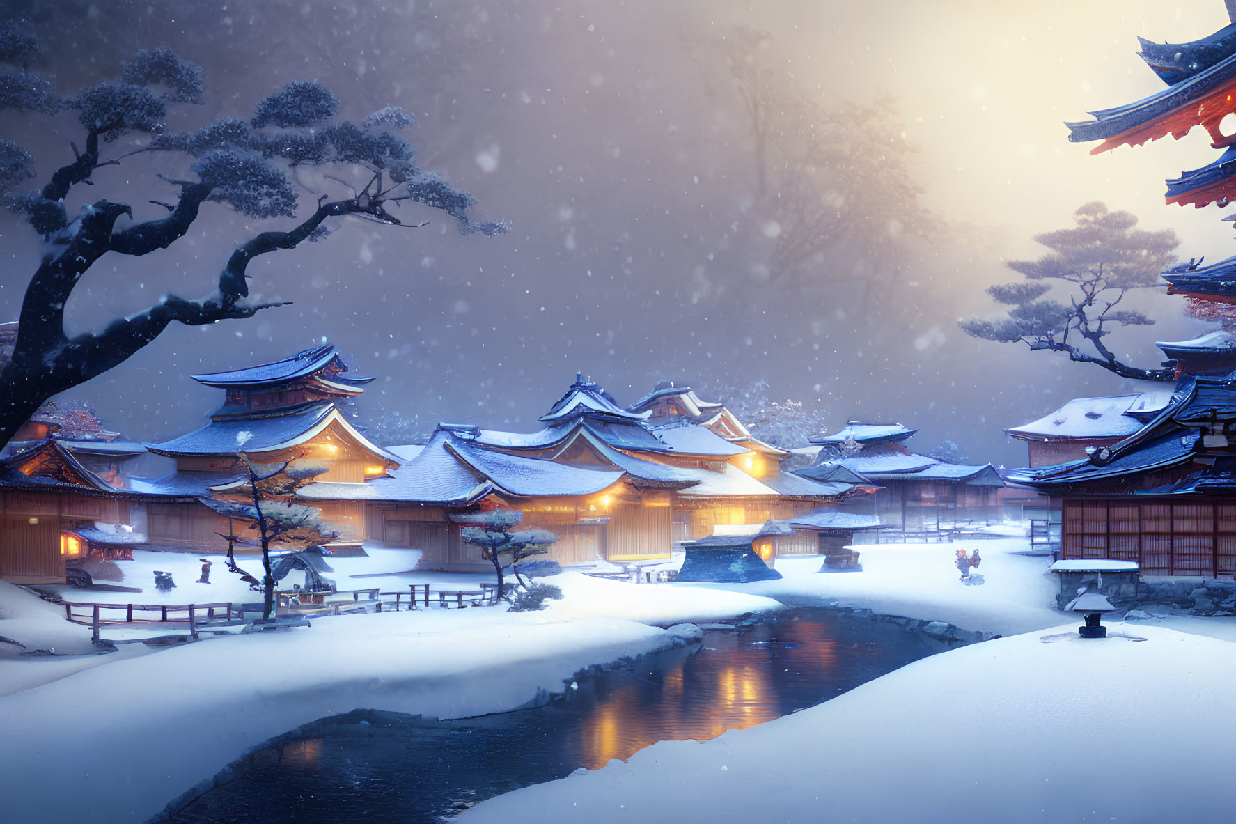 Snowy Japanese village with illuminated buildings, bridge, frozen river, and tree.