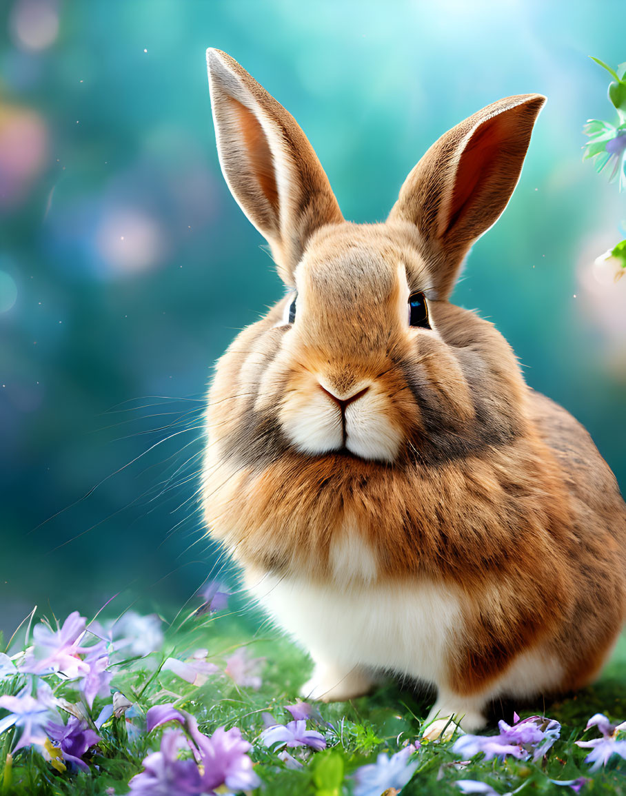 Brown and White Rabbit Surrounded by Purple Flowers and Bokeh Background
