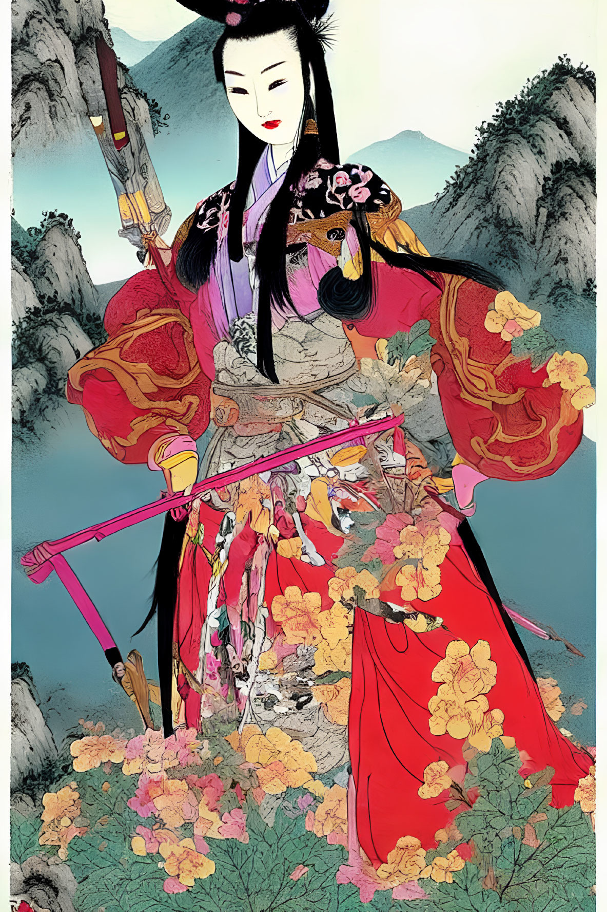 Colorful Eastern Warrior Woman with Sword in Floral Landscape