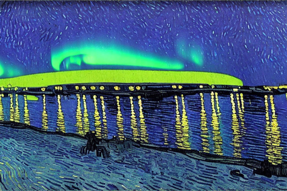 Digital painting of bridge at night with yellow lights reflecting on water, under green aurora-lit sky