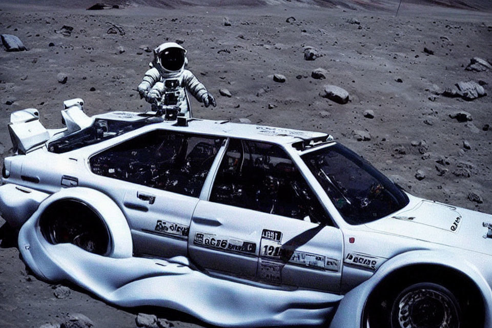 Astronaut with racecar-styled vehicle on rocky lunar surface