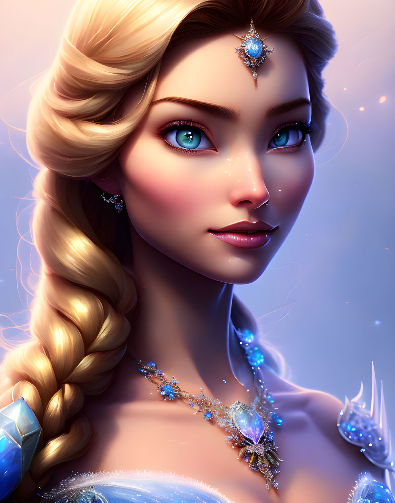 Detailed digital portrait of a woman with icy blue gemstones and braided blonde hair on a soft purple