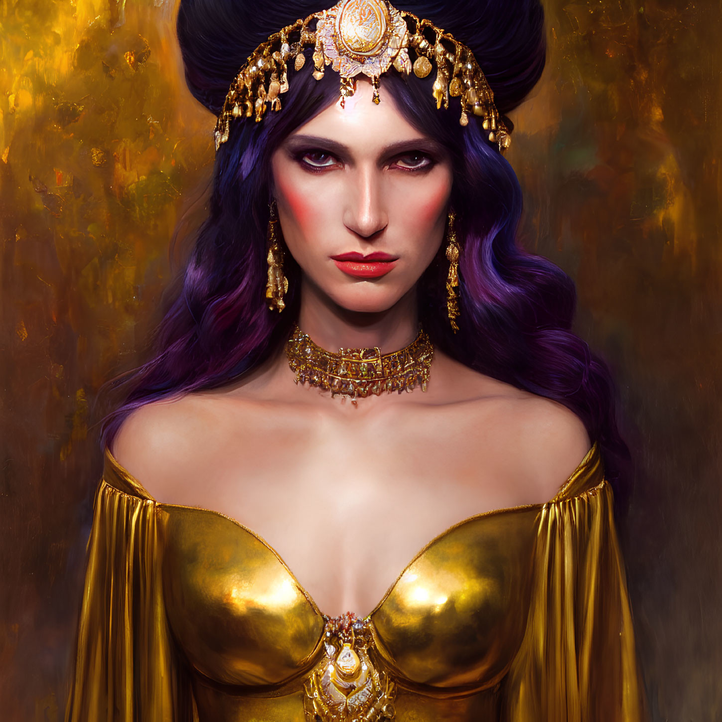Digital Artwork: Woman with Purple Hair and Golden Headdress in Opulent Gown
