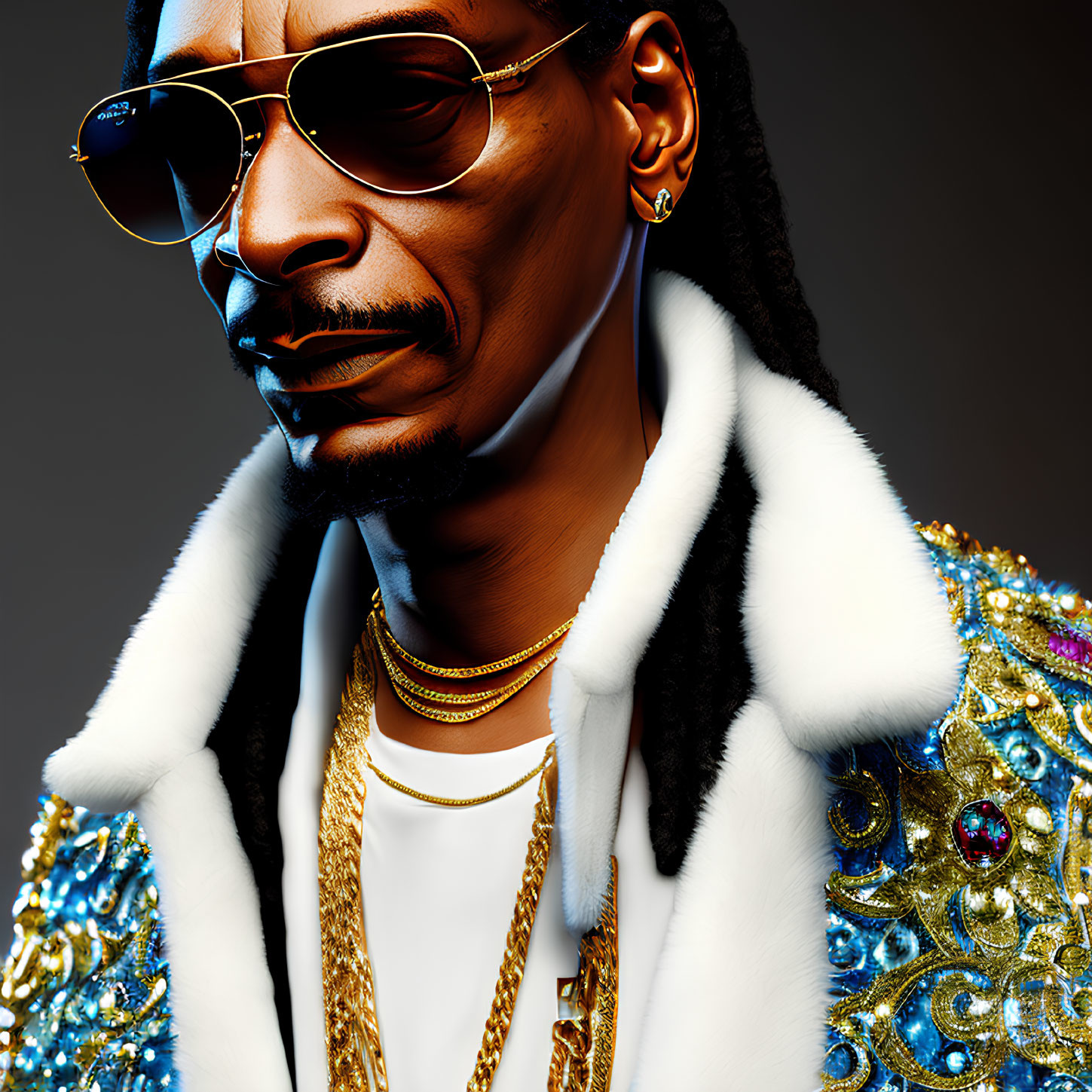 Fashionable man in sunglasses, gold jewelry, sequined jacket with white fur collar