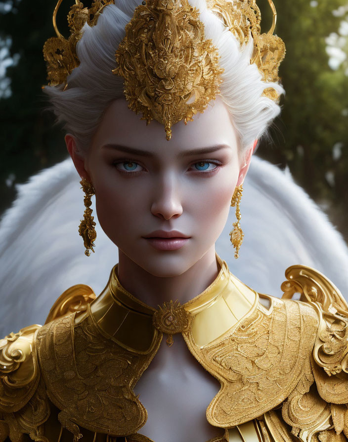 Digital art portrait of woman in golden armor with blue eyes.