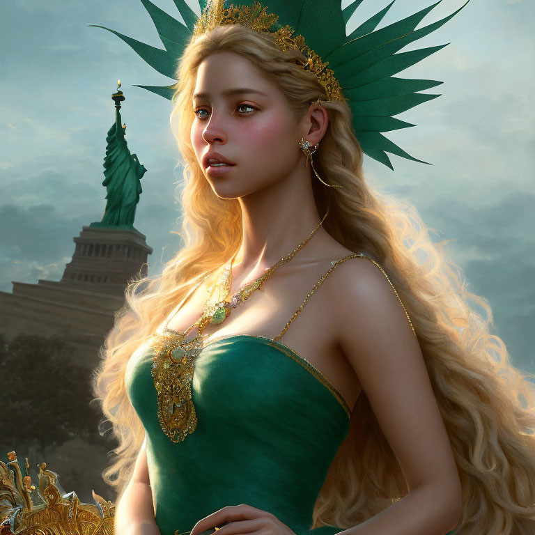 Digital artwork: Woman as Statue of Liberty with crown and torch, blond hair, green dress, against