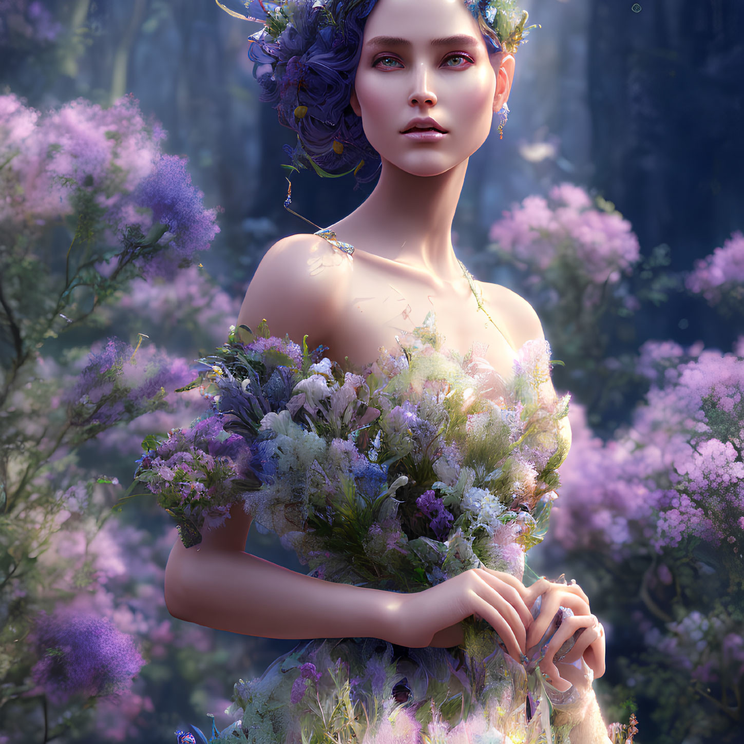 Digital artwork: Woman with floral elements in mystical purple hues, set in blooming forest