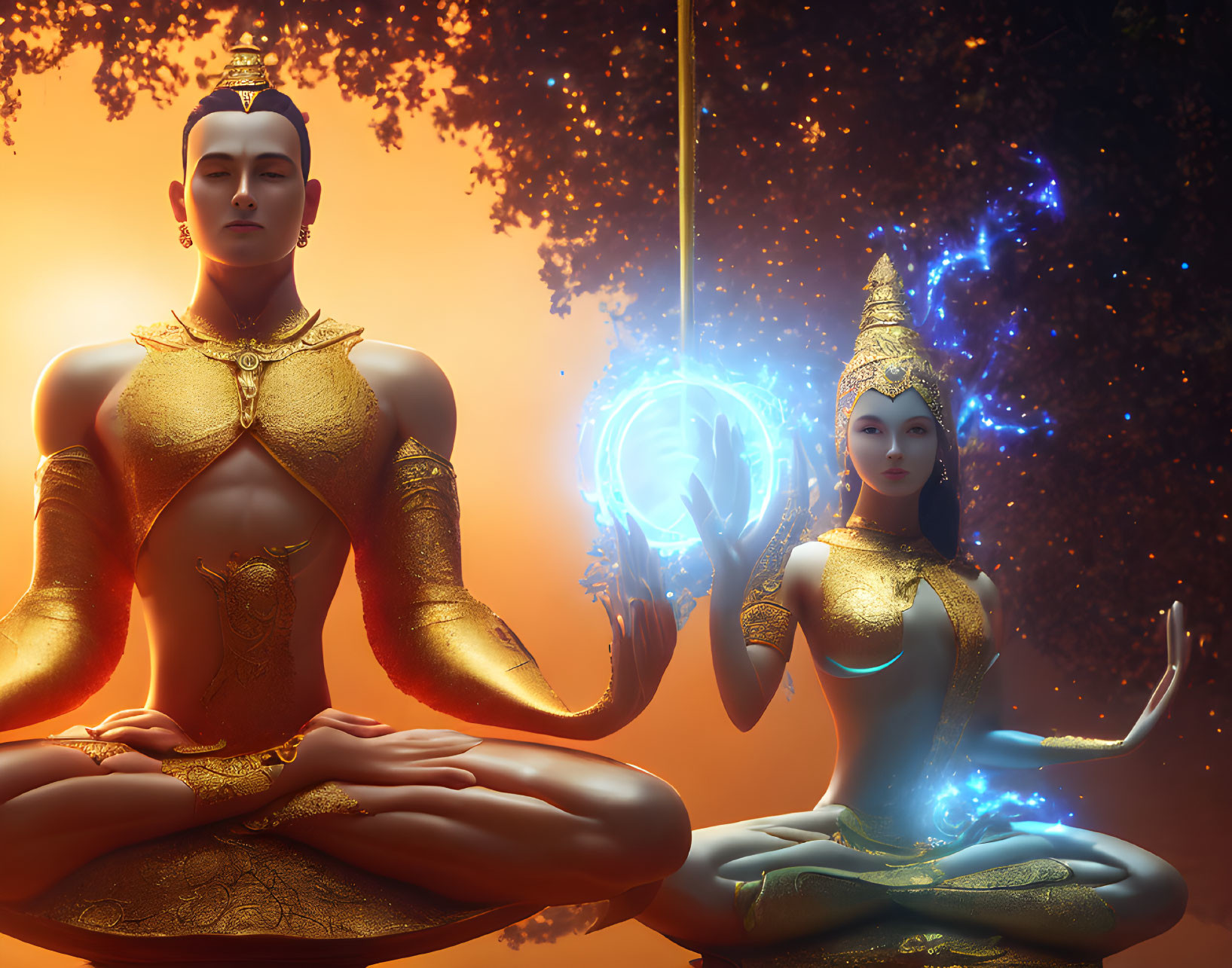 Mystical Thai-inspired figures meditating in golden attire