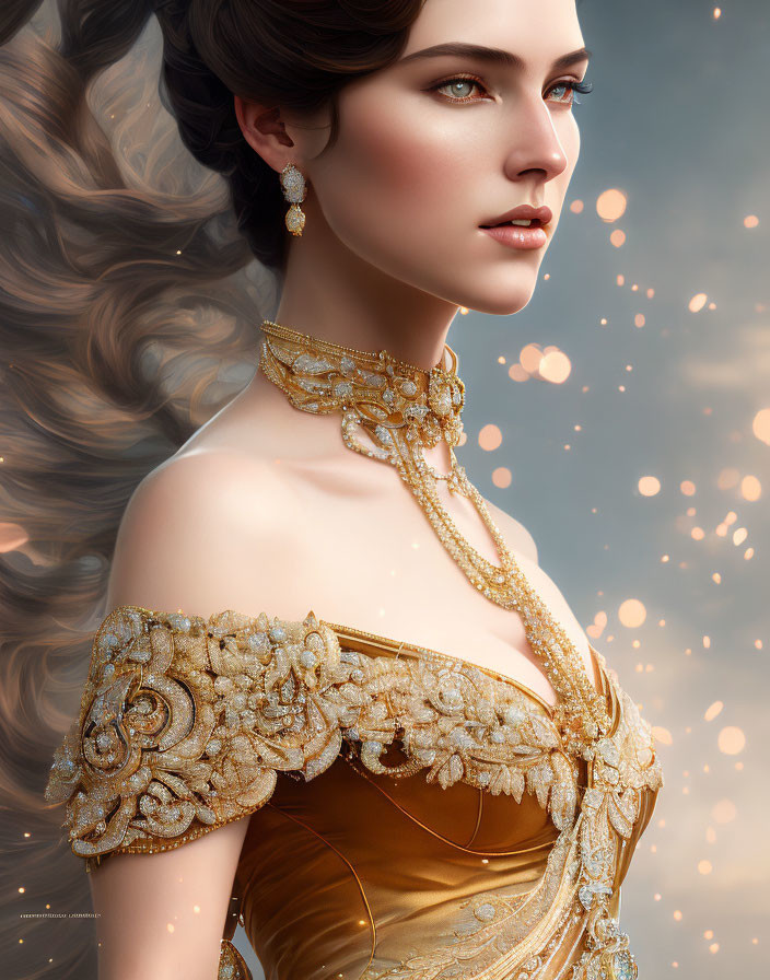 Digital artwork of woman in ornate gown with flowing hair