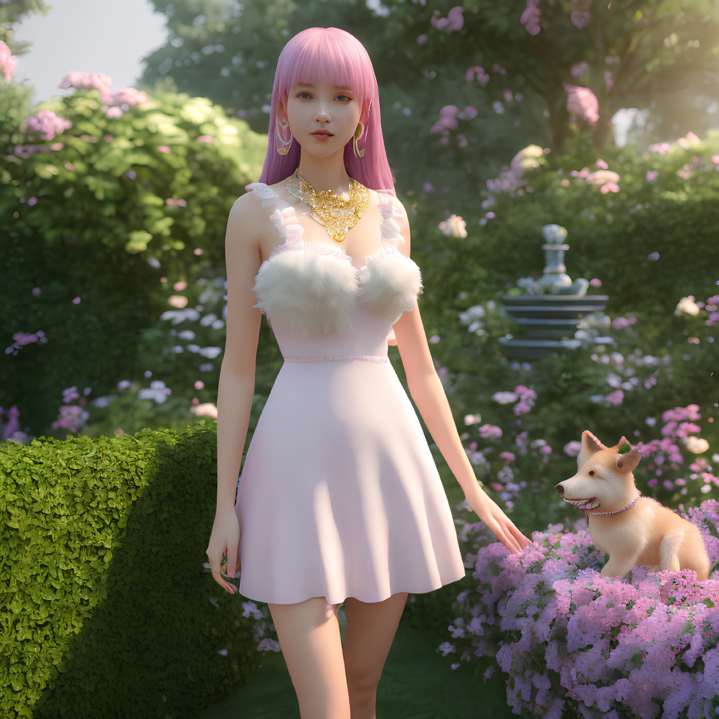 Digital artwork: Woman with pink hair in white dress, garden setting with blooming flowers, Shiba