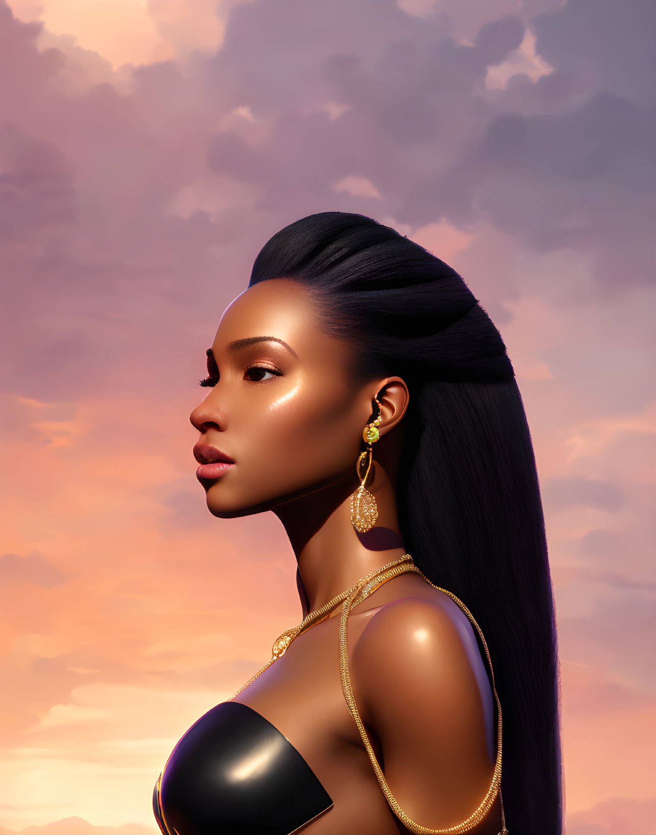 Woman with slicked-back hair and gold attire in sunset sky digital illustration
