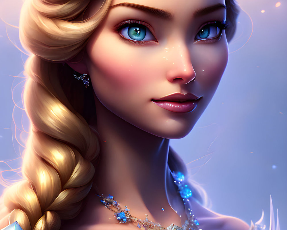 Detailed digital portrait of a woman with icy blue gemstones and braided blonde hair on a soft purple