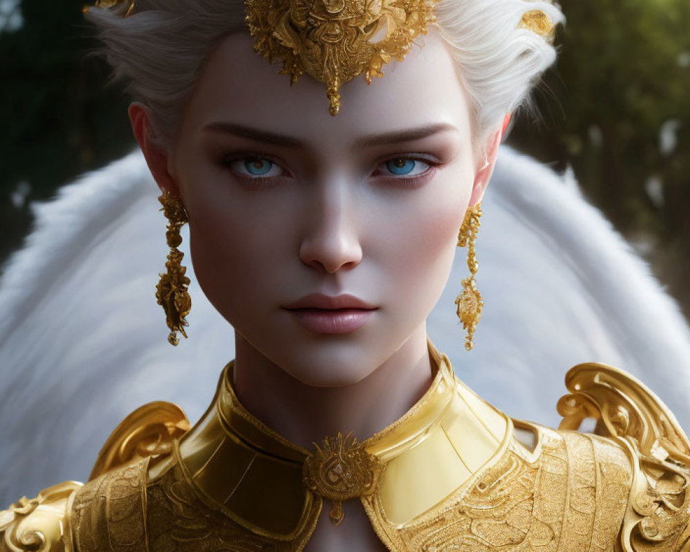 Digital art portrait of woman in golden armor with blue eyes.