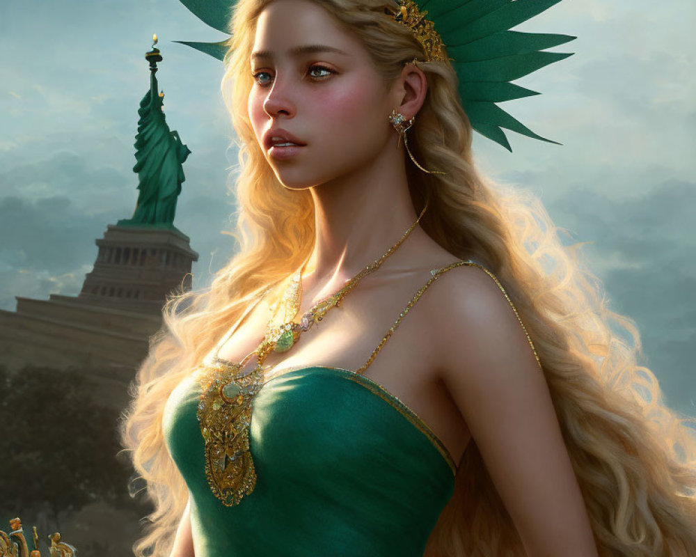 Digital artwork: Woman as Statue of Liberty with crown and torch, blond hair, green dress, against