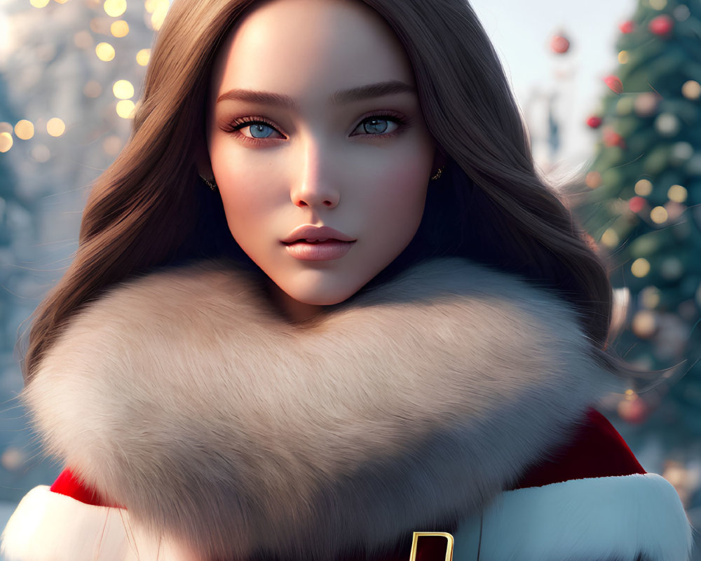 Digital illustration of woman in Santa-inspired outfit with blue eyes and long hair