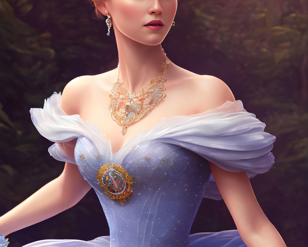Illustrated Princess in Blue Gown and Golden Jewelry Against Forest Background