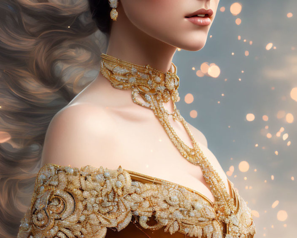 Digital artwork of woman in ornate gown with flowing hair