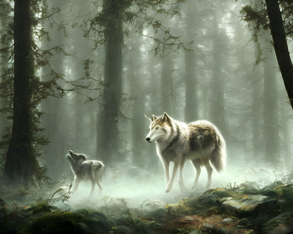 Mystical forest scene with two wolves and sunbeams