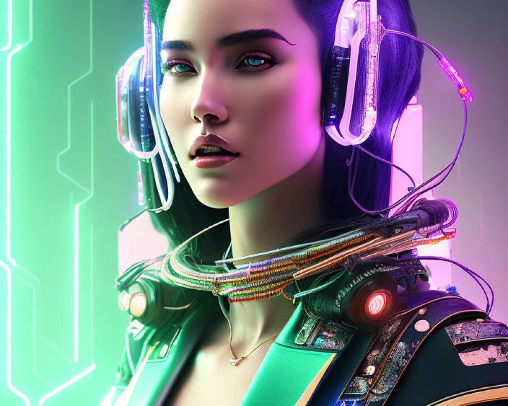 Futuristic woman with glowing headphones and cybernetic enhancements in neon-lit setting