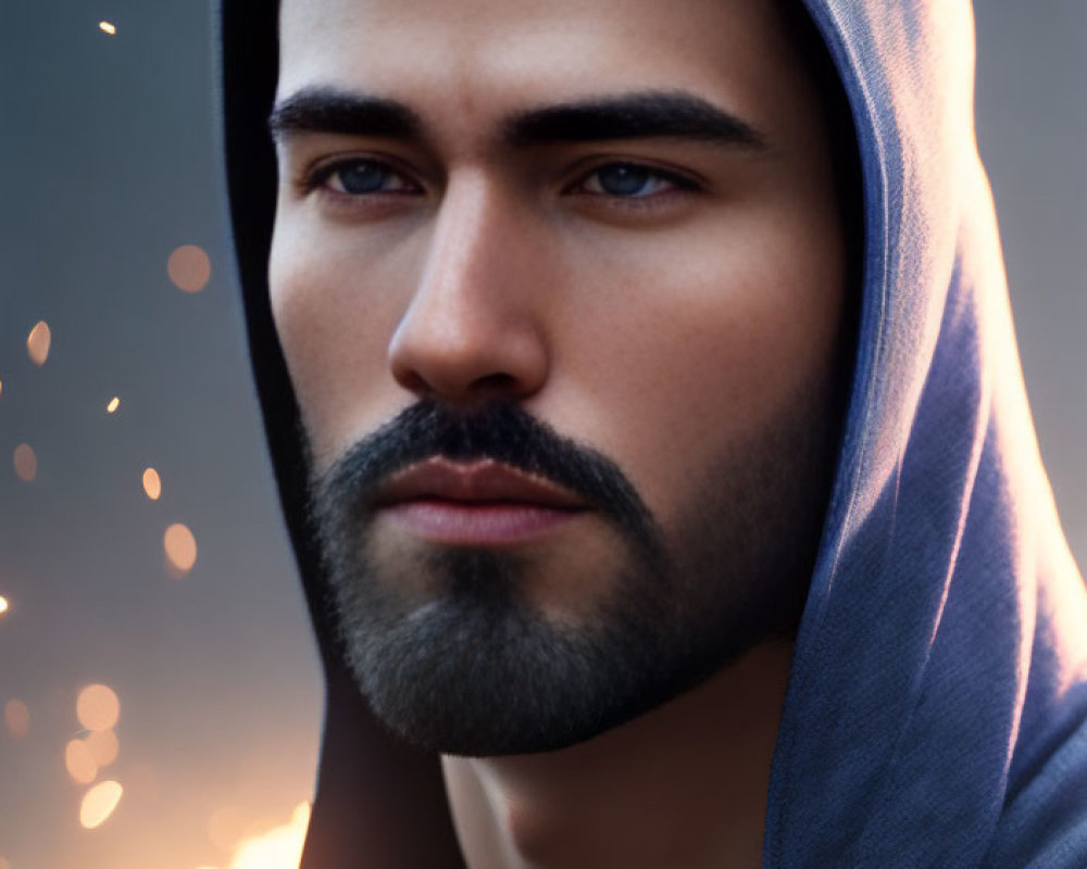 Intense gaze of man with beard in blue hoodie, soft glows and bokeh lights.
