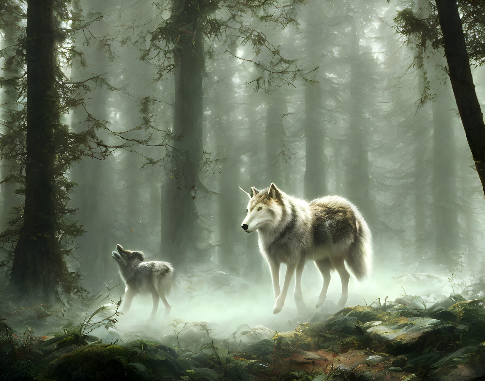 Mystical forest scene with two wolves and sunbeams