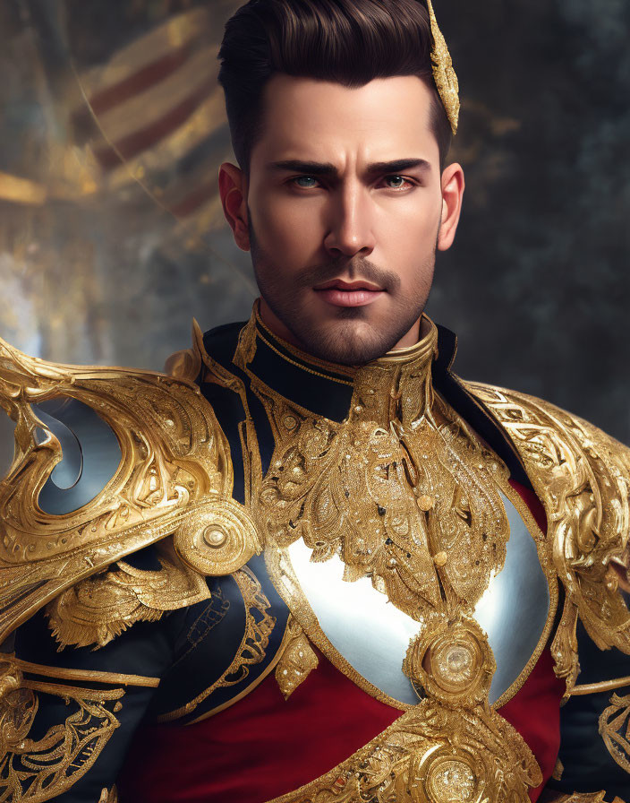 Regal Man in Luxurious Military Uniform with Golden Embroidery