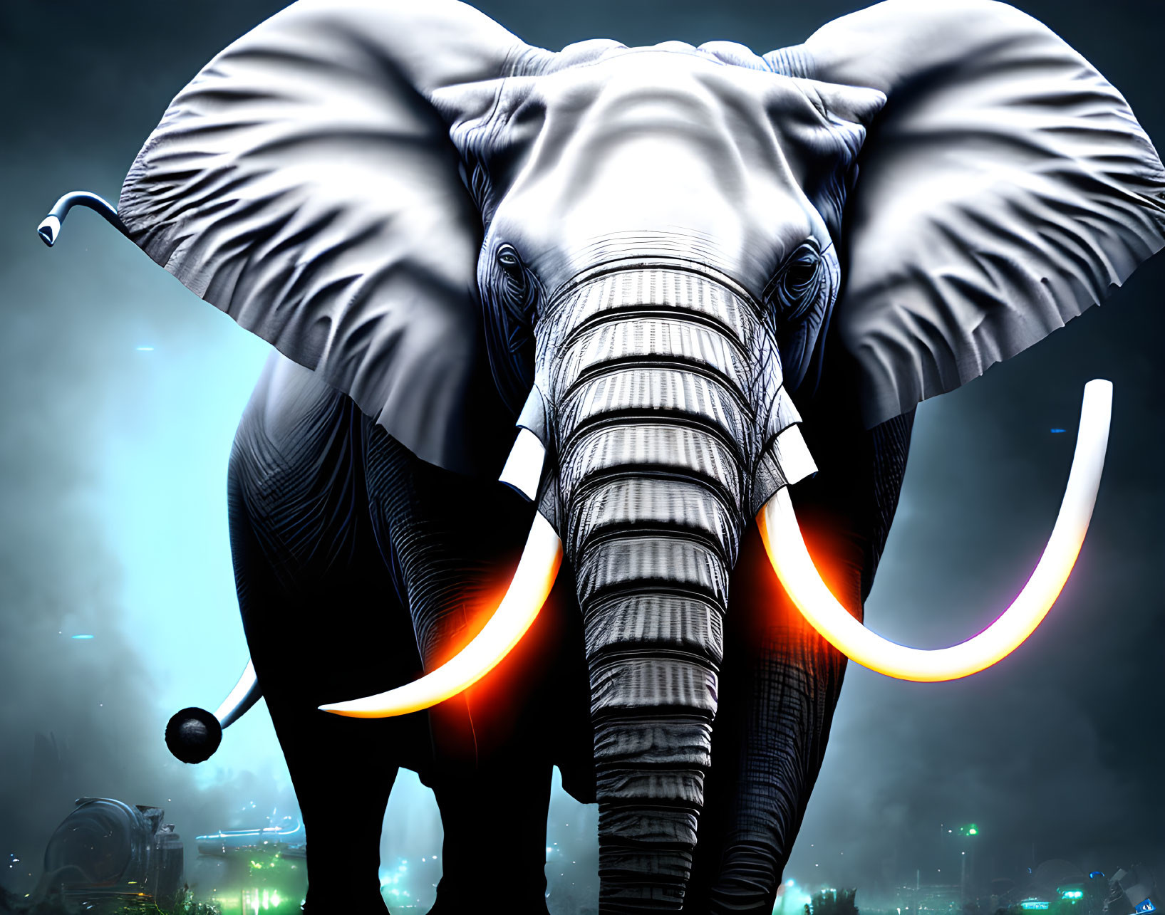 Digitally Enhanced Elephant with Glowing Tusks in Futuristic Setting
