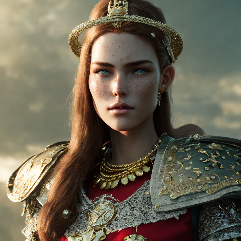Auburn-Haired Woman in Golden Crown and Armor on Cloudy Sky