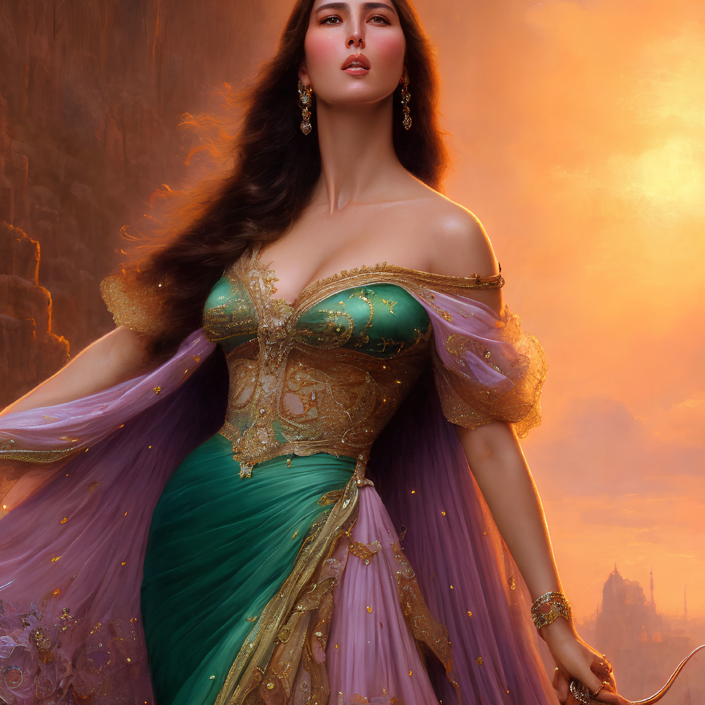 Illustrated woman in green and purple gown with gold accents against sunset backdrop