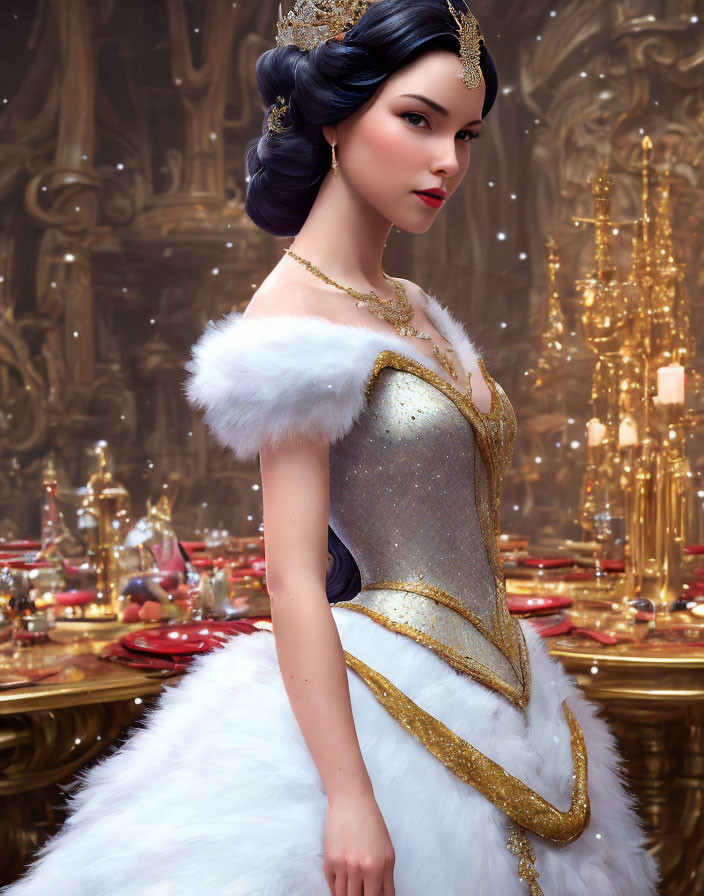 Sophisticated woman in white and gold gown in luxurious banquet hall