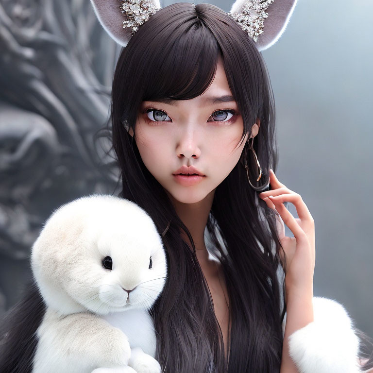 Person with Bunny Ears and Plush Rabbit in Fantasy Theme