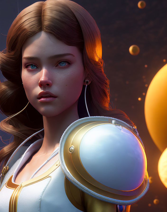 Digital illustration of young woman in futuristic suit with blue eyes and brown hair, holding golden helmet, surrounded