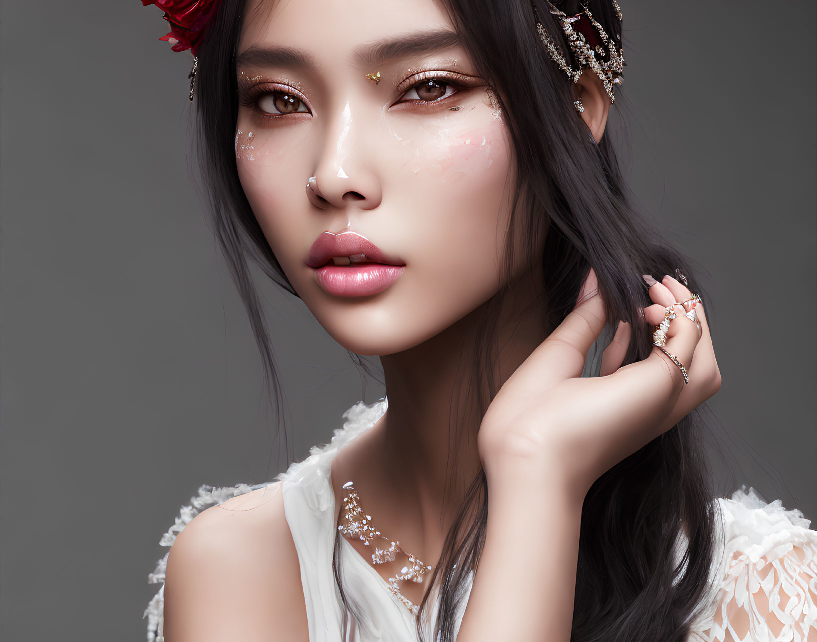Woman with Artistic Makeup, Flowers, and Jewelry on Grey Background