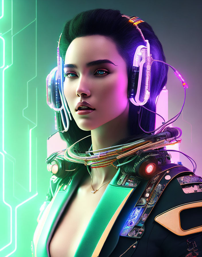Futuristic woman with glowing headphones and cybernetic enhancements in neon-lit setting