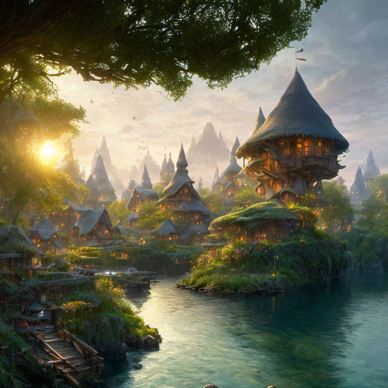 Fantasy village with thatched-roof houses at sunset