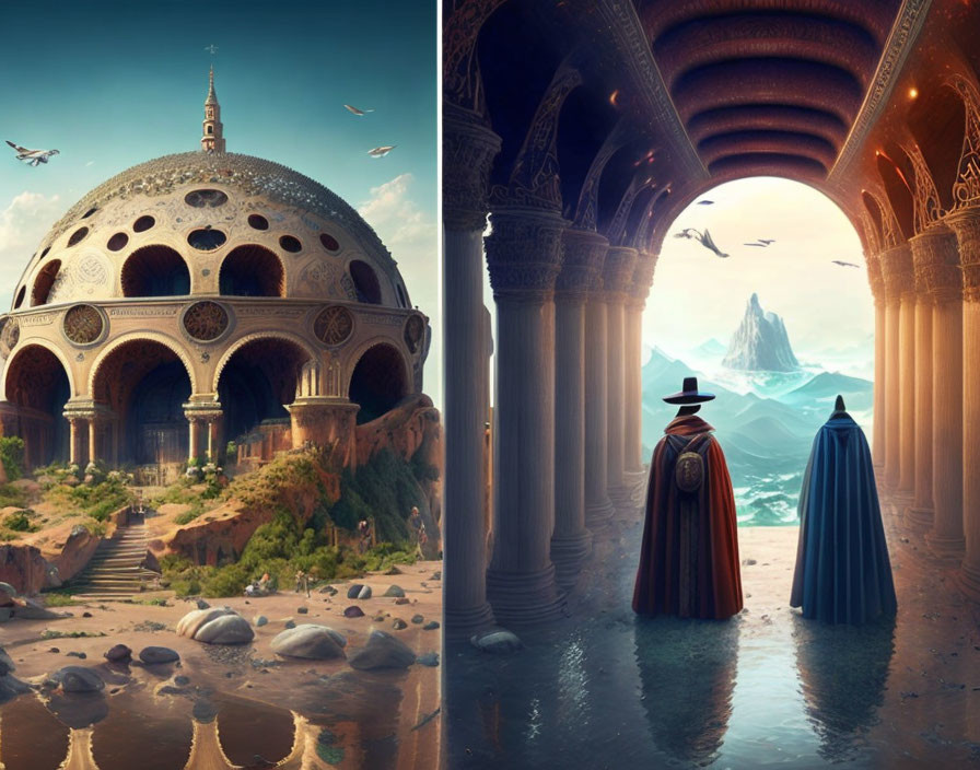 Fantastical landscapes with ornate dome and figures near arches.