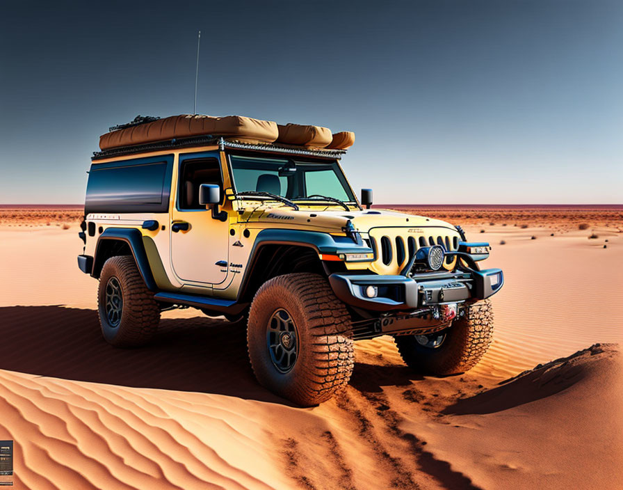 Modified Jeep Wrangler with extra lights and roof cargo in desert landscape