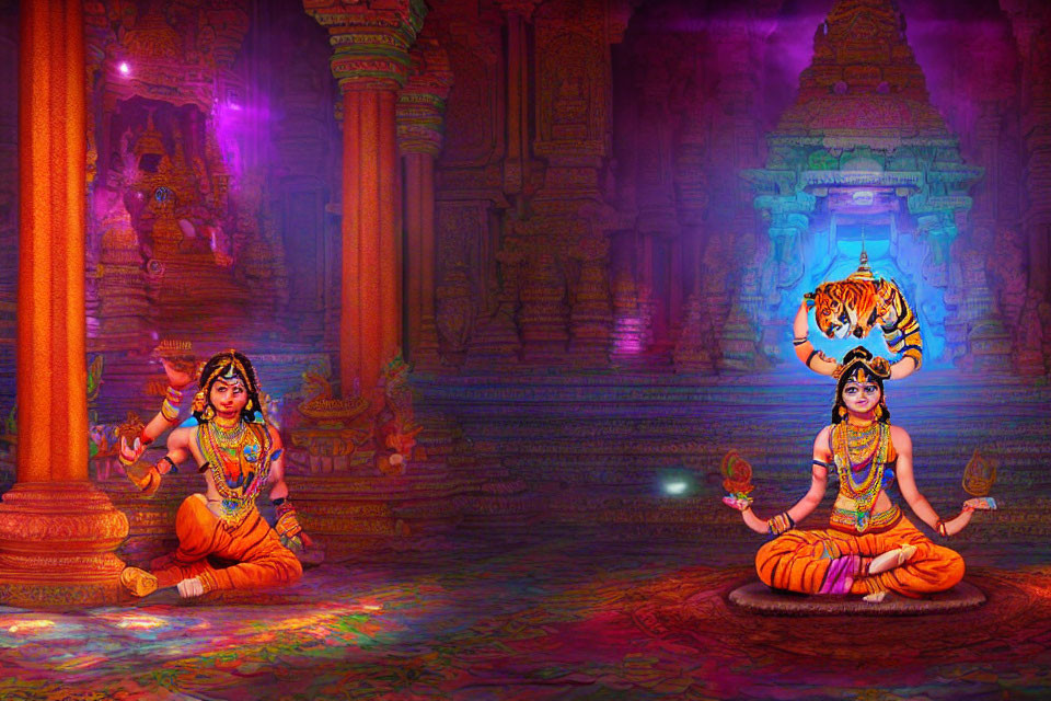 Vibrant Hindu deities in temple with tiger and blue aura
