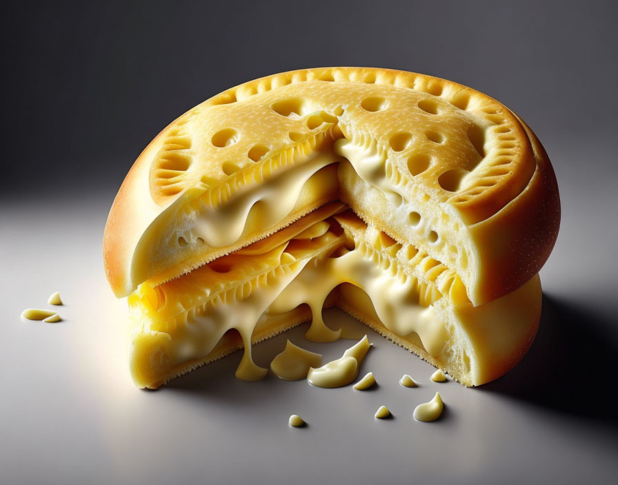 Realistic digital artwork of Swiss cheese sandwich with melting cheese on gray background