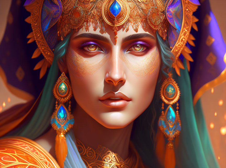 Detailed close-up of woman in ornate gold headdress with blue gem, intricate facial markings, orange