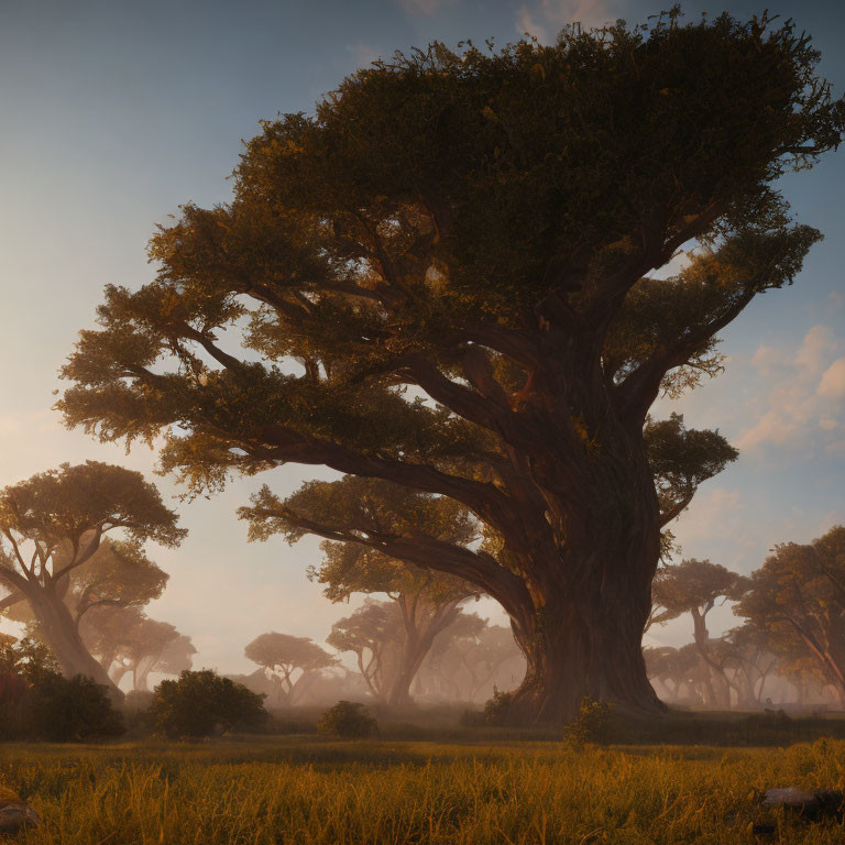 Majestic tree in misty savannah at sunrise