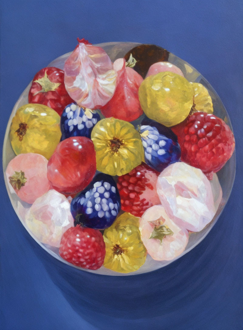 Colorful Fruit Bowl Painting on Blue Background