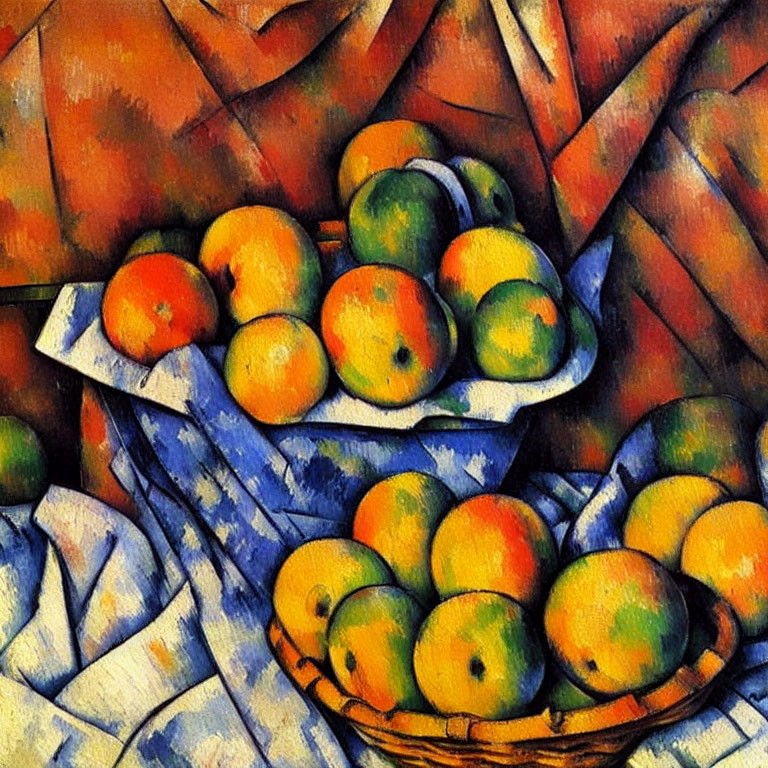 Vibrant cubist fruit bowl painting with oranges and apples