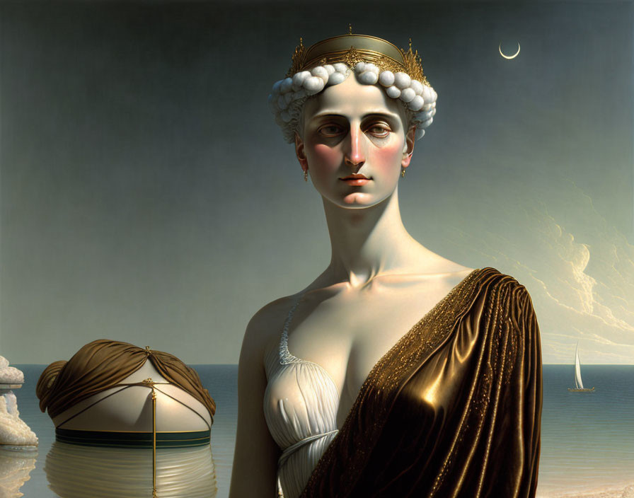 Golden-robed woman with pearl crown by calm sea under crescent moon