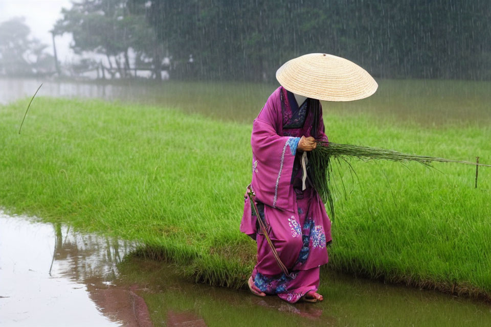 Person in pink kimono and straw hat in green rice paddy holding rice plants
