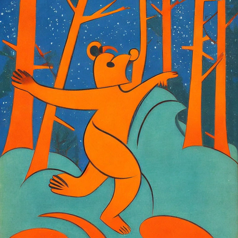 Anthropomorphic bear dancing in stylized forest with orange and blue tones