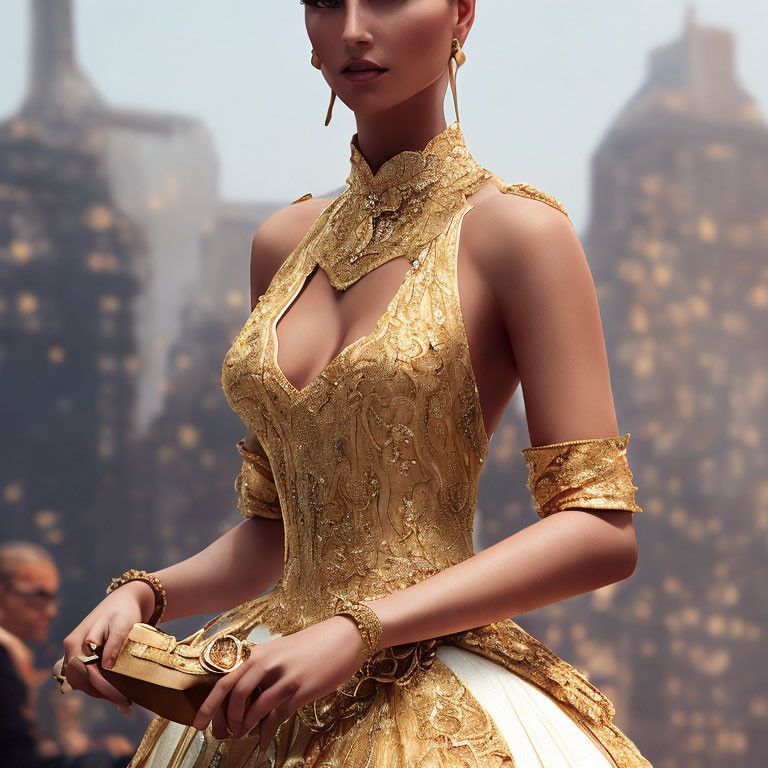 Woman in ornate gold dress with clutch, elegant updo, and dramatic makeup