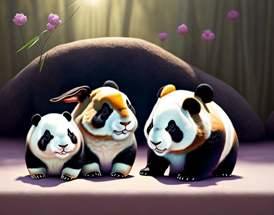 Two rabbits and two pandas