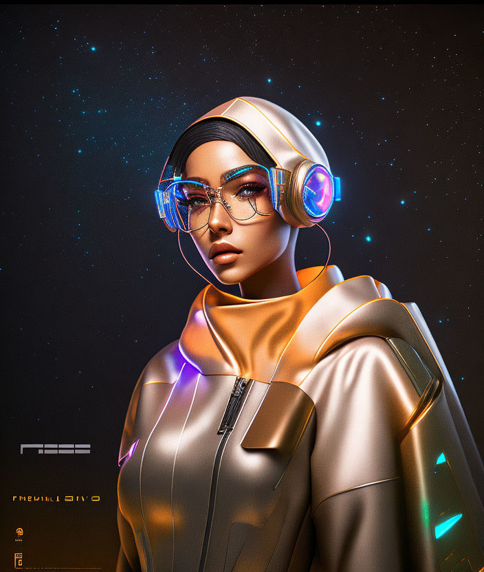 Futuristic woman in glowing headphones and glasses in stylish spacesuit on starry background