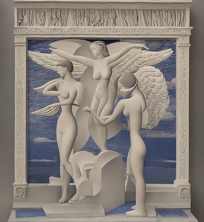 Sculptural relief of three winged figures on blue backdrop